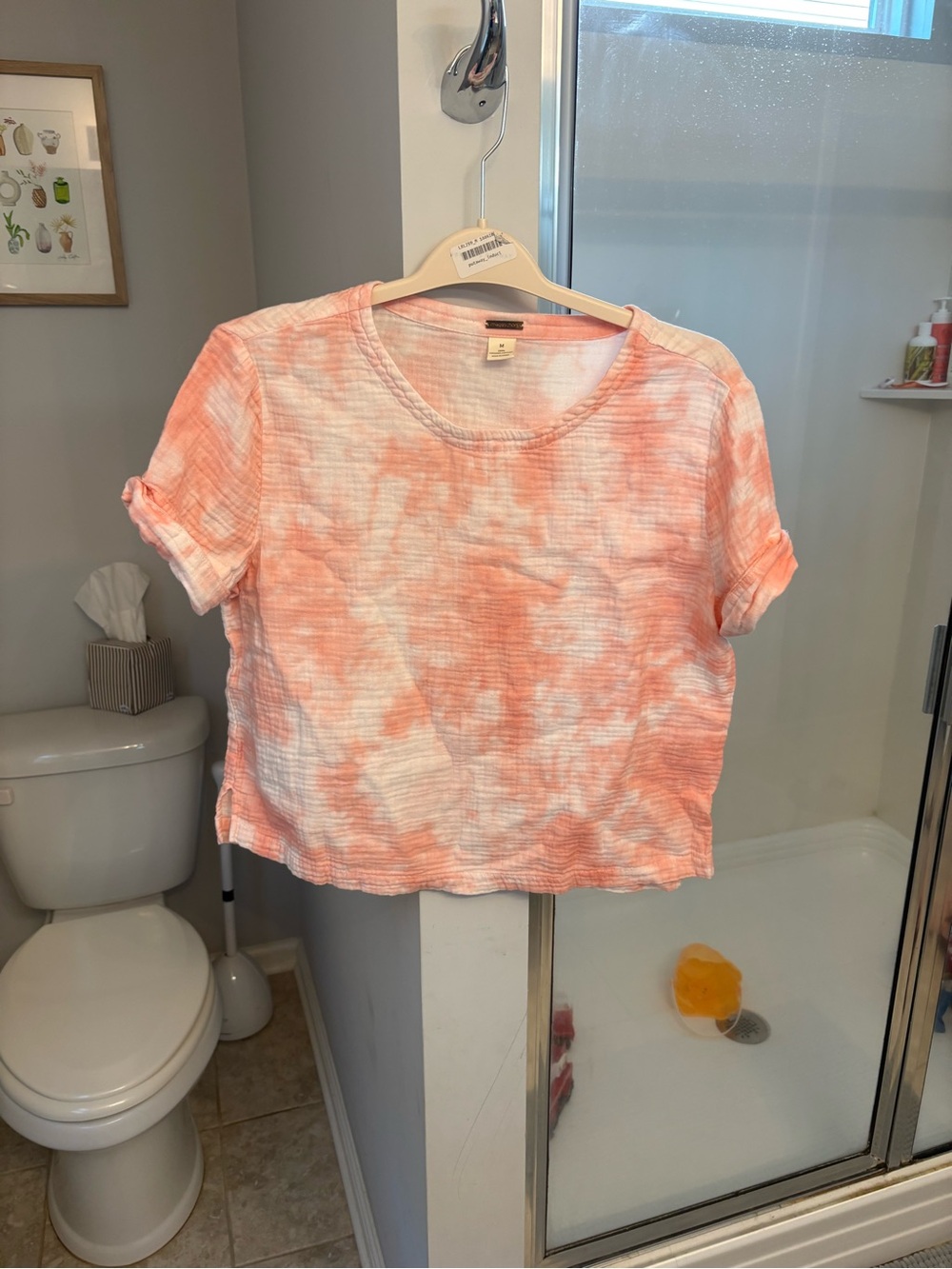 Magaschoni Women Coral White Tie Dye Organic Cotton Gauze Crop Top Tee Medium